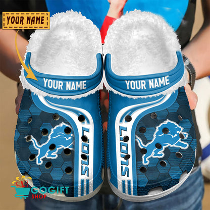 Detroit Lions Honeycomb Pattern Custom Name Fleece Crocs Clogs Shoes