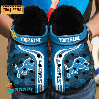 Detroit Lions Honeycomb Pattern Custom Name Fleece Crocs Clogs Shoes
