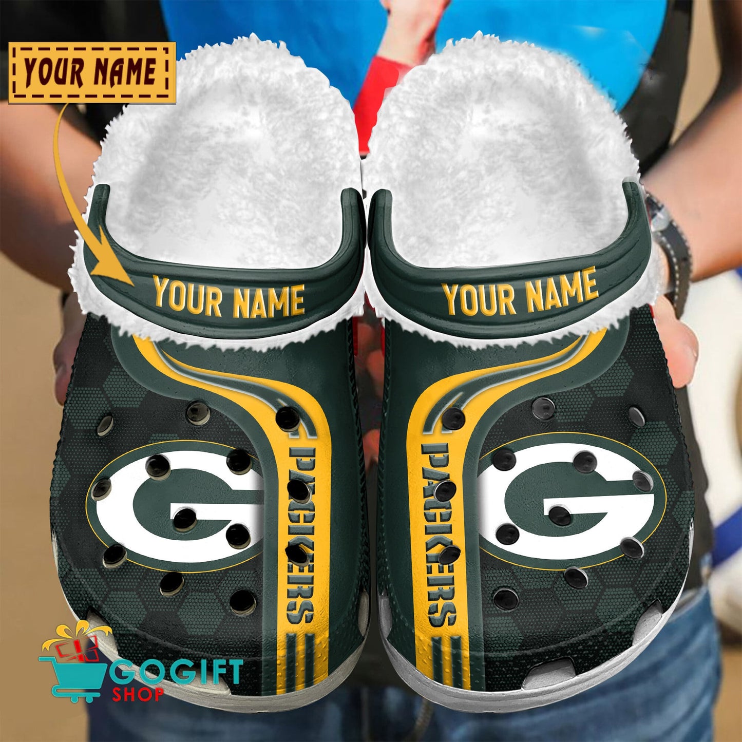Green Bay Packers Honeycomb Pattern Custom Name Fleece Crocs Clogs Shoes
