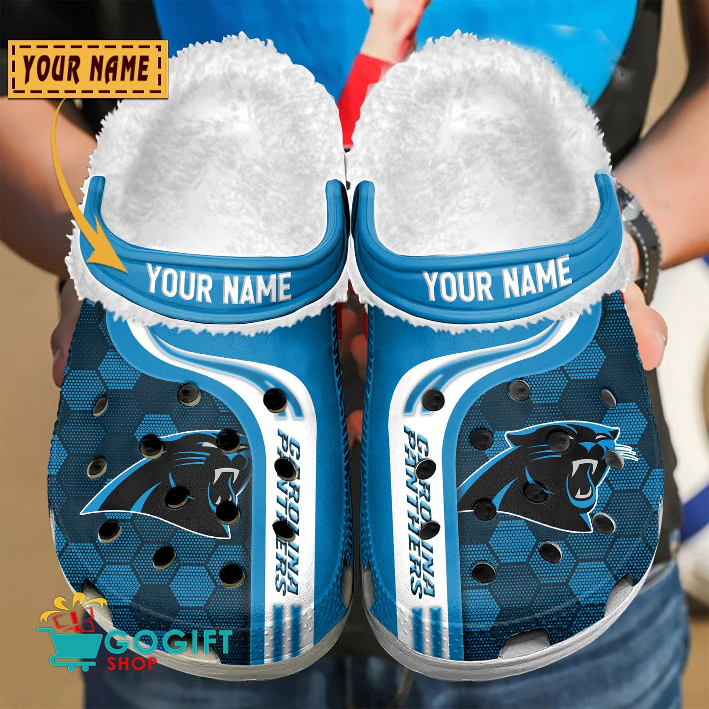 Carolina Panthers Honeycomb Pattern Custom Name Fleece Crocs Clogs Shoes