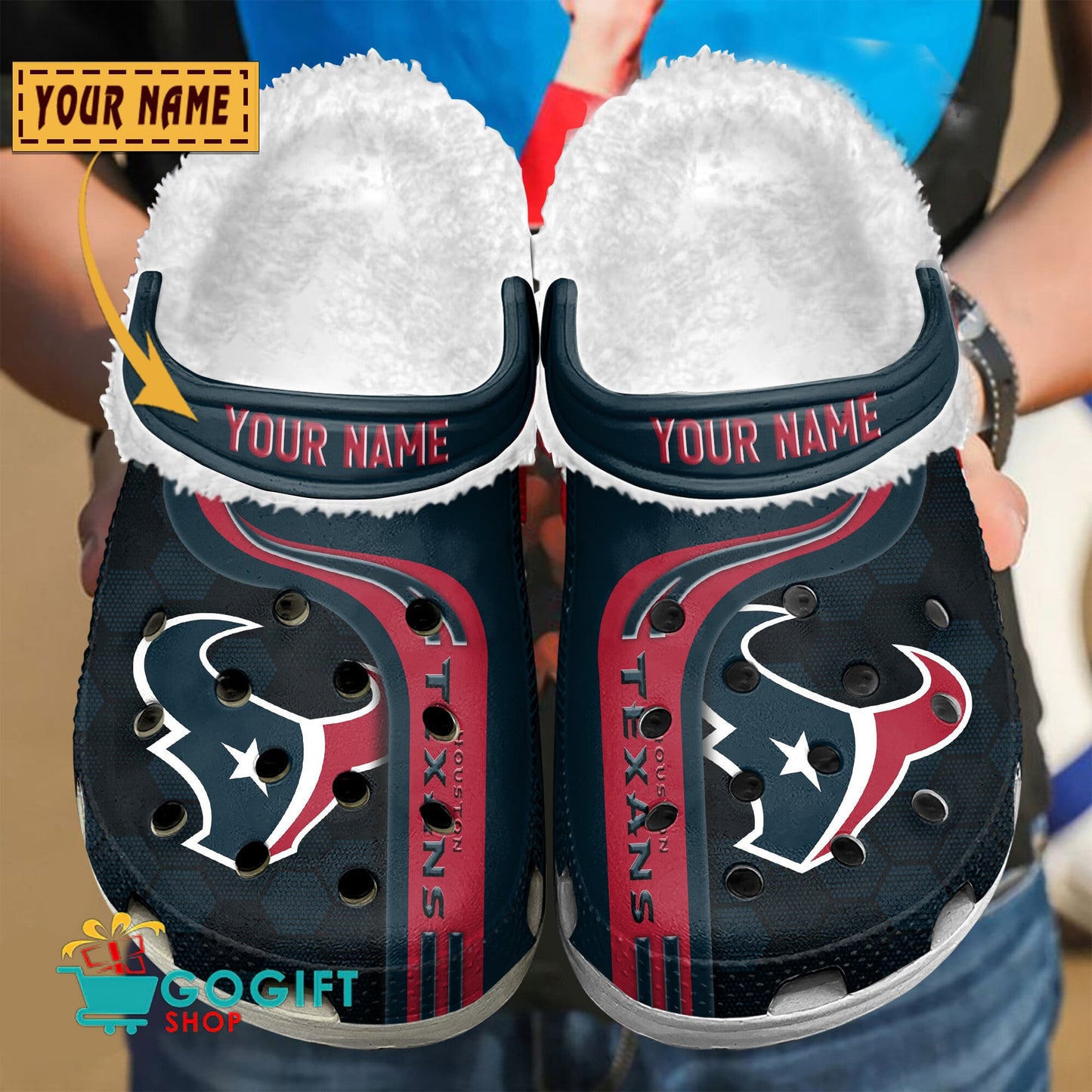 Houston Texans Honeycomb Pattern Custom Name Fleece Crocs Clogs Shoes