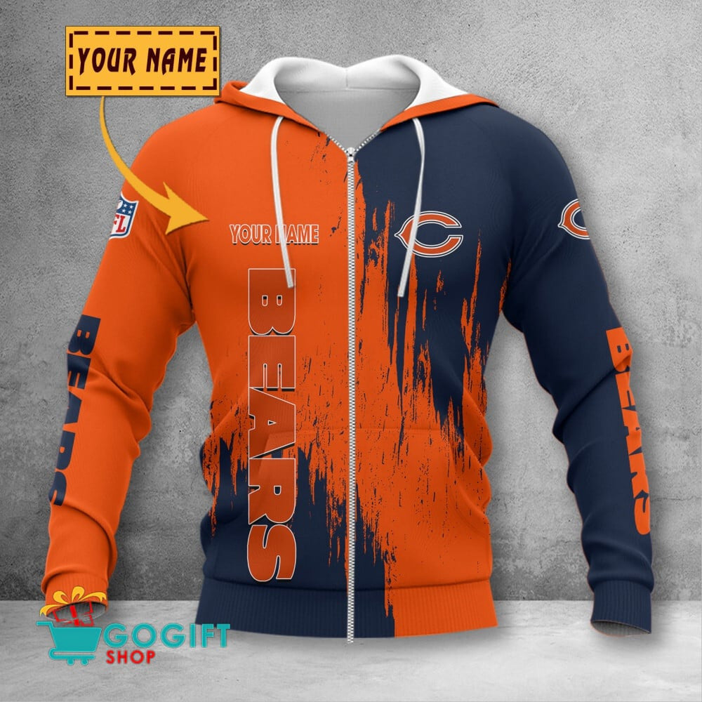 Chicago Bears Custom Name Scratched Color 3D Printed Zip Hoodie