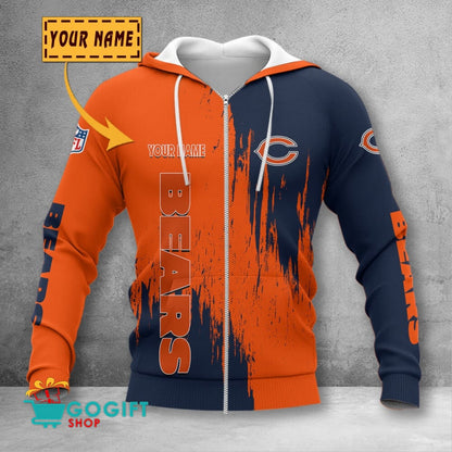 Chicago Bears Custom Name Scratched Color 3D Printed Zip Hoodie