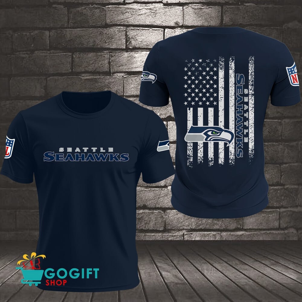 Seattle Seahawks US Flag Vintage Style All Over Printed T-shirt