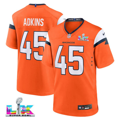 Nate Adkins 45 Denver Broncos 2026 Super Bowl LX - Orange Team Game Jersey