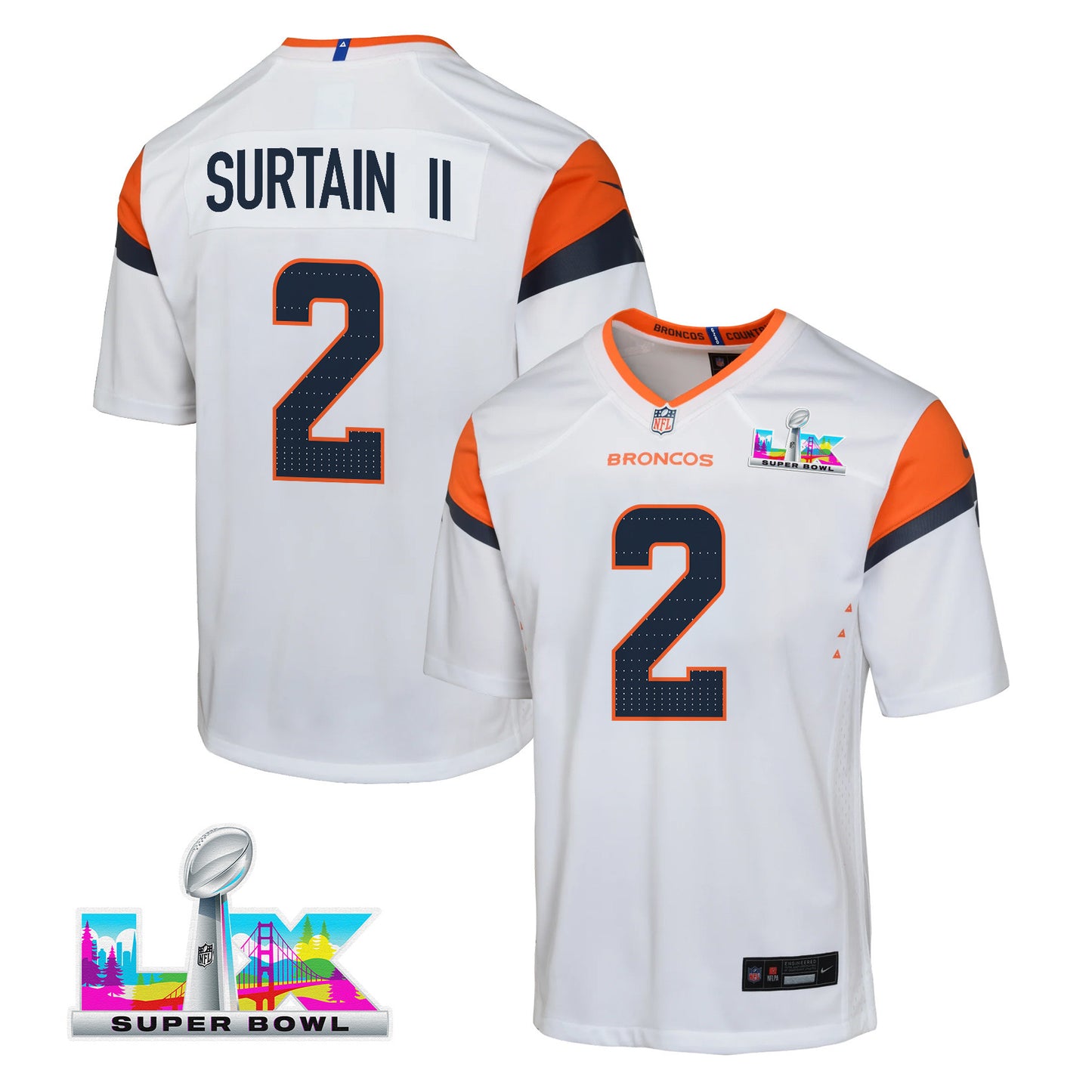 Pat Surtain II 2 Denver Broncos YOUTH 2026 Super Bowl LX - White Road Team Jersey