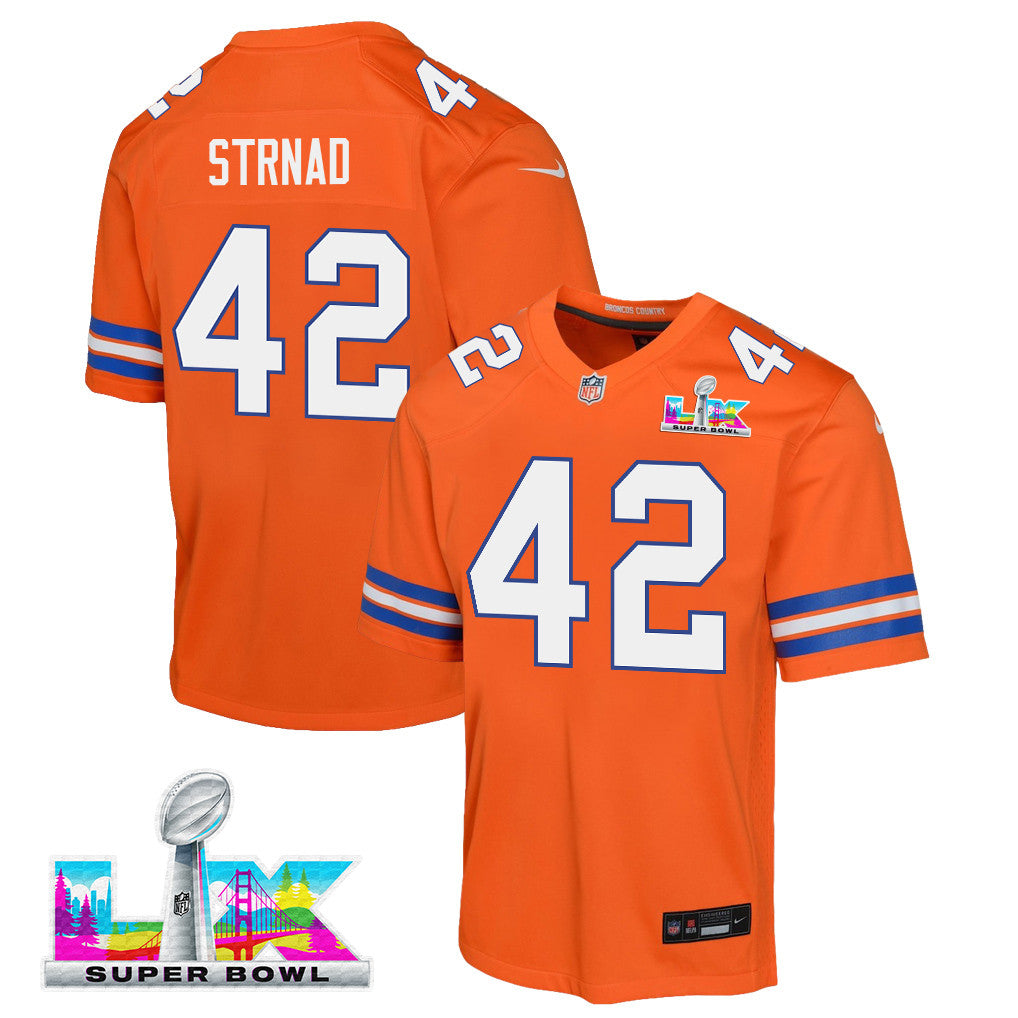 Justin Strnad 42 Denver Broncos YOUTH 2026 Super Bowl LX - Orange Game Jersey