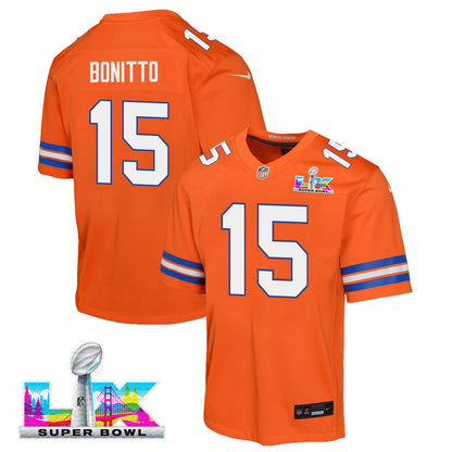 Nik Bonitto 15 Denver Broncos YOUTH 2026 Super Bowl LX - Orange Game Jersey