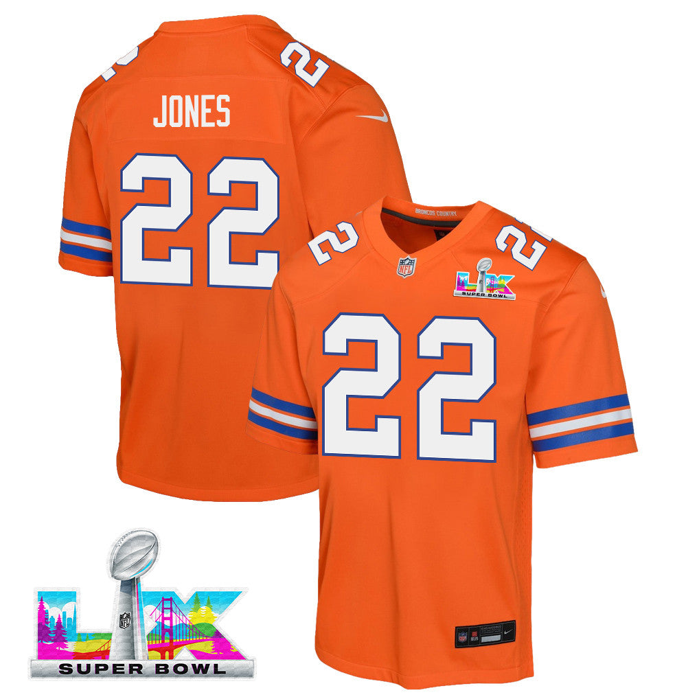 Brandon Jones 22 Denver Broncos YOUTH 2026 Super Bowl LX - Orange Game Jersey