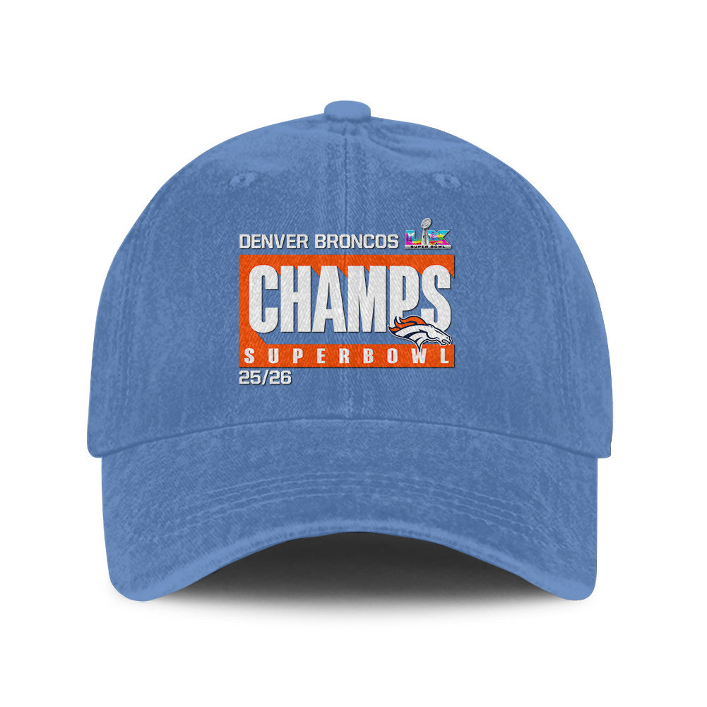 Denver Broncos Super Bowl LX Champs 25/26 Washed Cap – Printed Graphic - Denim Blue