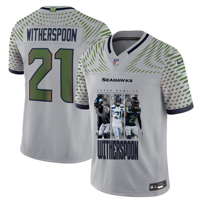Devon Witherspoon 21 Seattle Seahawks Super Bowl LX Electric Run Threat Jersey – Grey