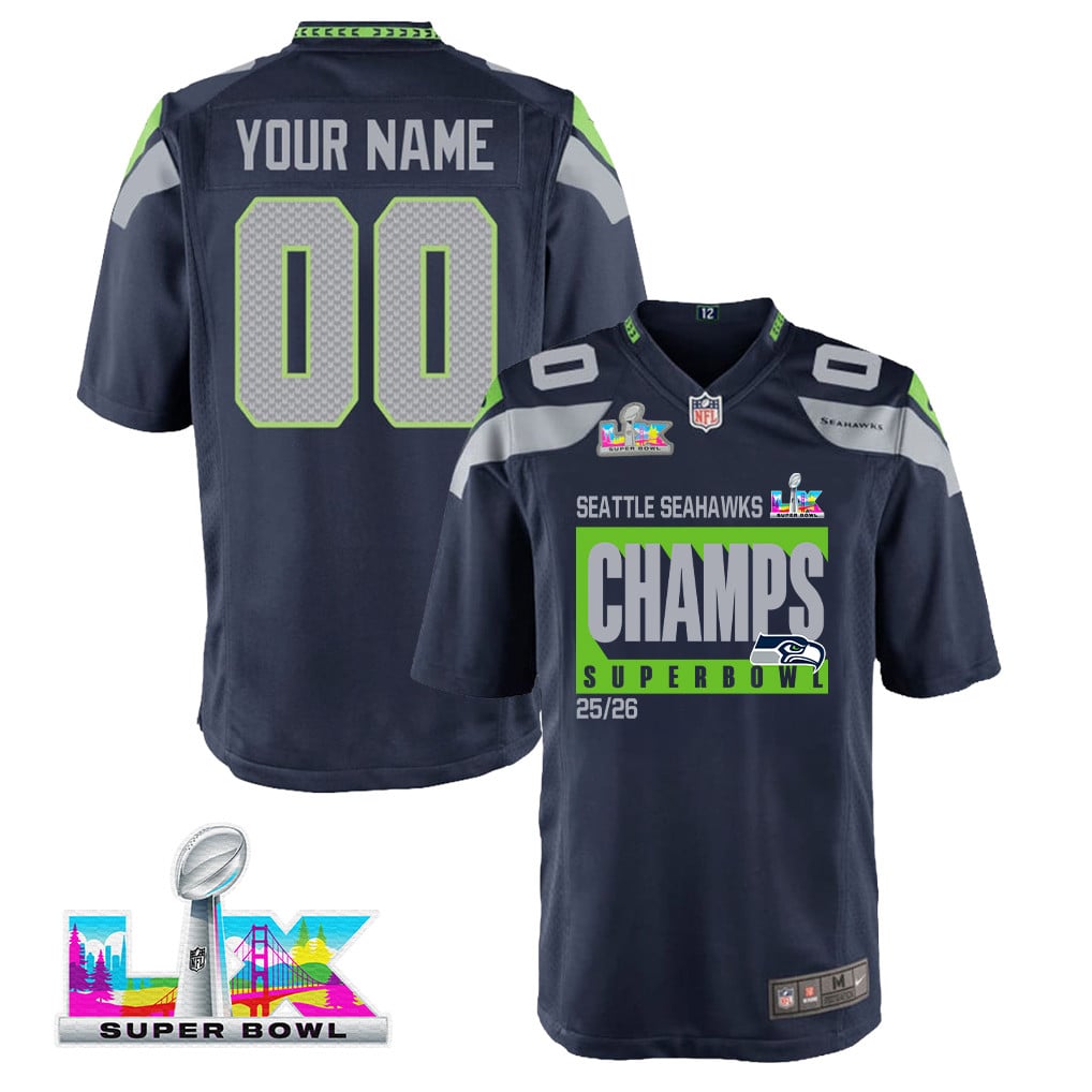 Seattle Seahawks Super Bowl 25/26 Champions LX Custom Team Game YOUTH Jersey - College Navy