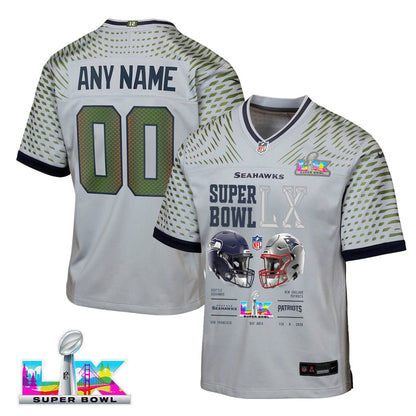 Seattle Seahawks Super Bowl LX Champions Going Head-To-Head Custom Rivalries Collection Game YOUTH Jersey - Gray