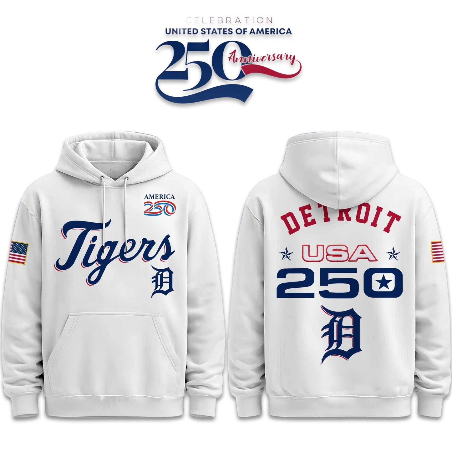 Detroit Tigers America 250th Anniversary 2026 White Pullover Hoodie