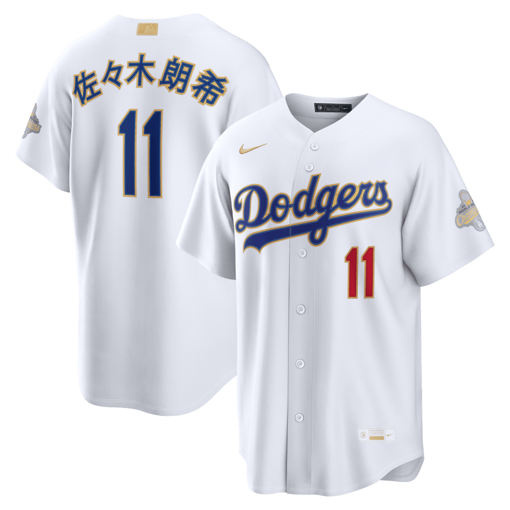 Roki Sasaki 11 Los Angeles Dodgers 2026 Gold Collection Kanji Stadium Men Jersey - White