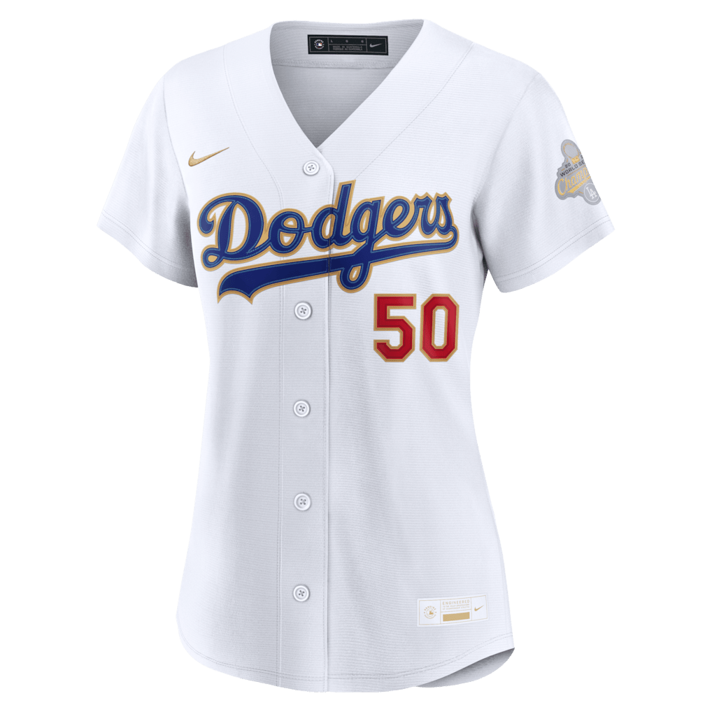 Mookie Betts 50 Los Angeles Dodgers Women's 2026 Gold Collection Stadium Jersey - White
