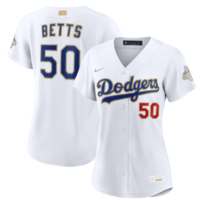 Mookie Betts 50 Los Angeles Dodgers Women's 2026 Gold Collection Stadium Jersey - White