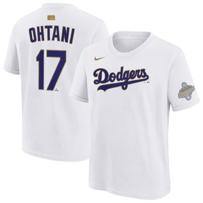 Shohei Ohtani 17 Los Angeles Dodgers 2026 Gold Collection Name & Number T-Shirt - White