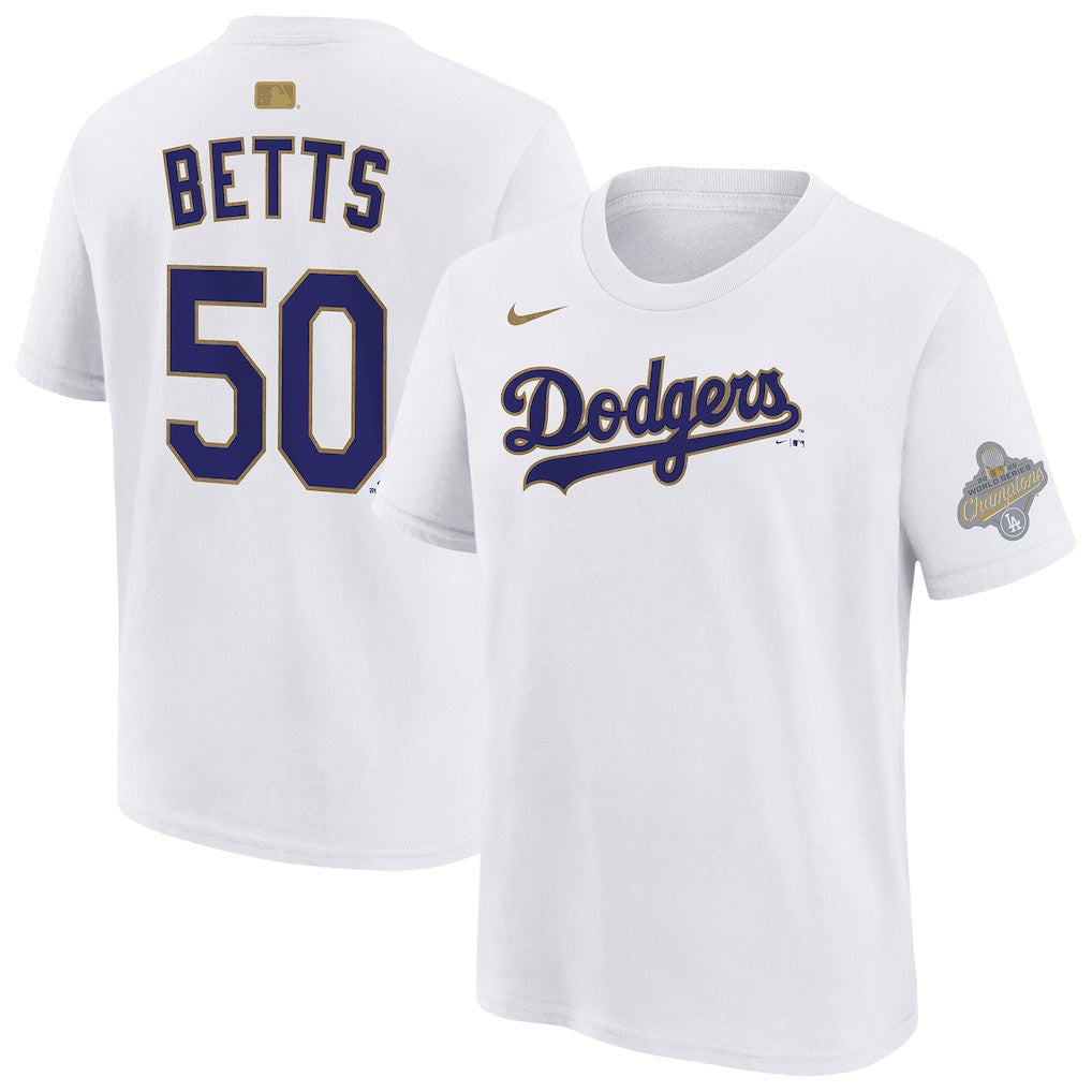 Mookie Betts 50 Los Angeles Dodgers 2026 Gold Collection Name & Number T-Shirt - White