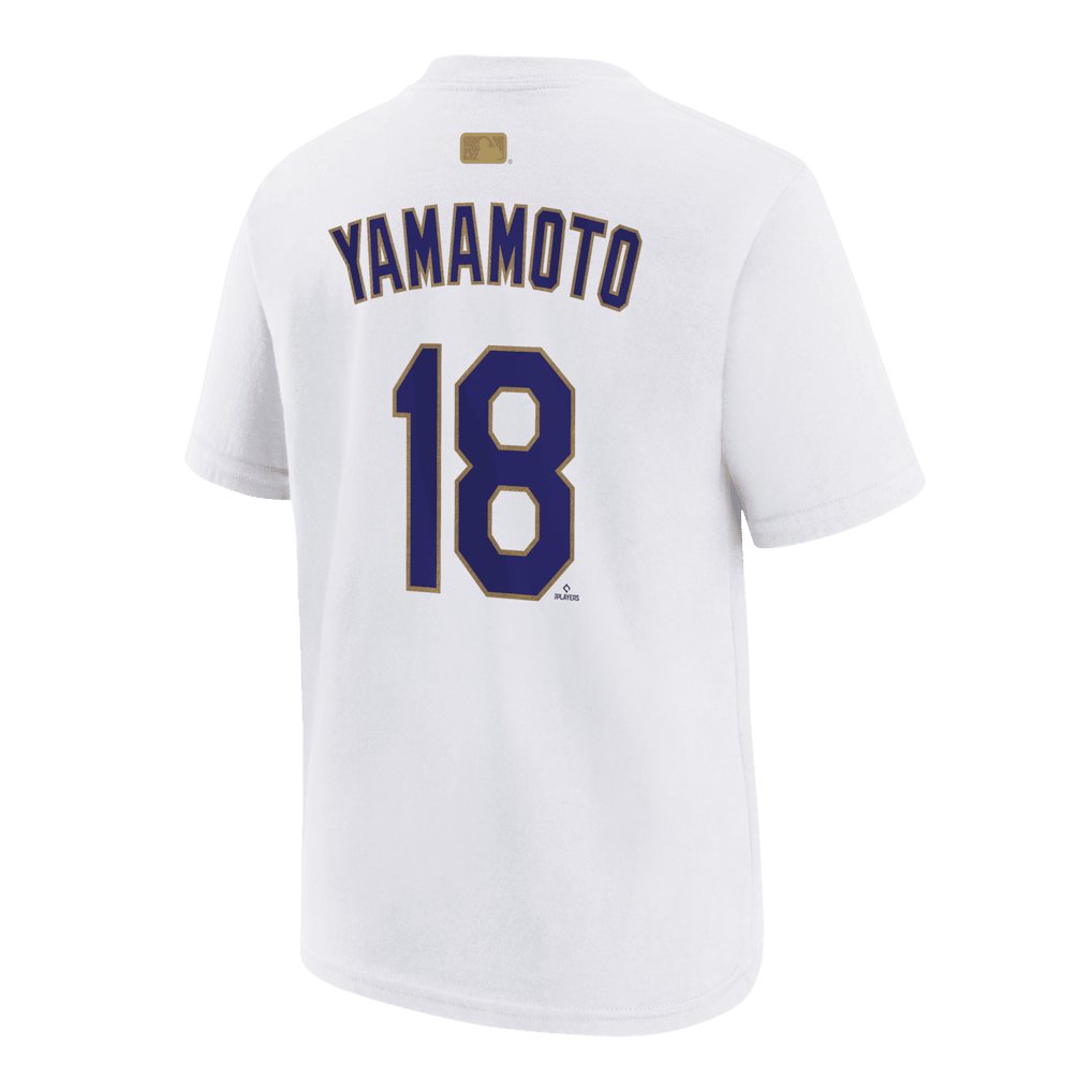 Yoshinobu Yamamoto 18 Los Angeles Dodgers 2026 Gold Collection Name & Number T-Shirt - White