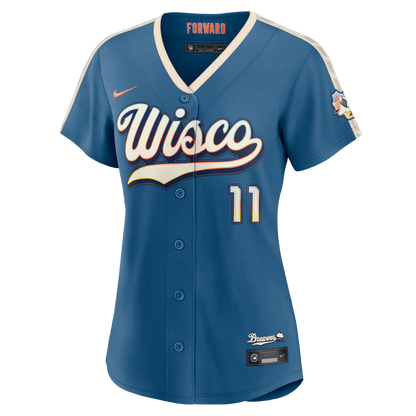 Jackson Chourio 11 Milwaukee Brewers Women's 2026 City Connect Jersey - Mineral Blue