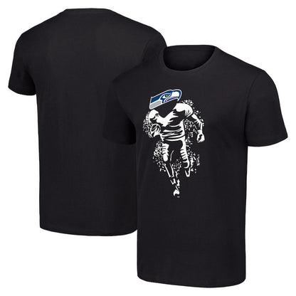 Seattle Seahawks Black Player Graphic Running Across Field T-Shirt