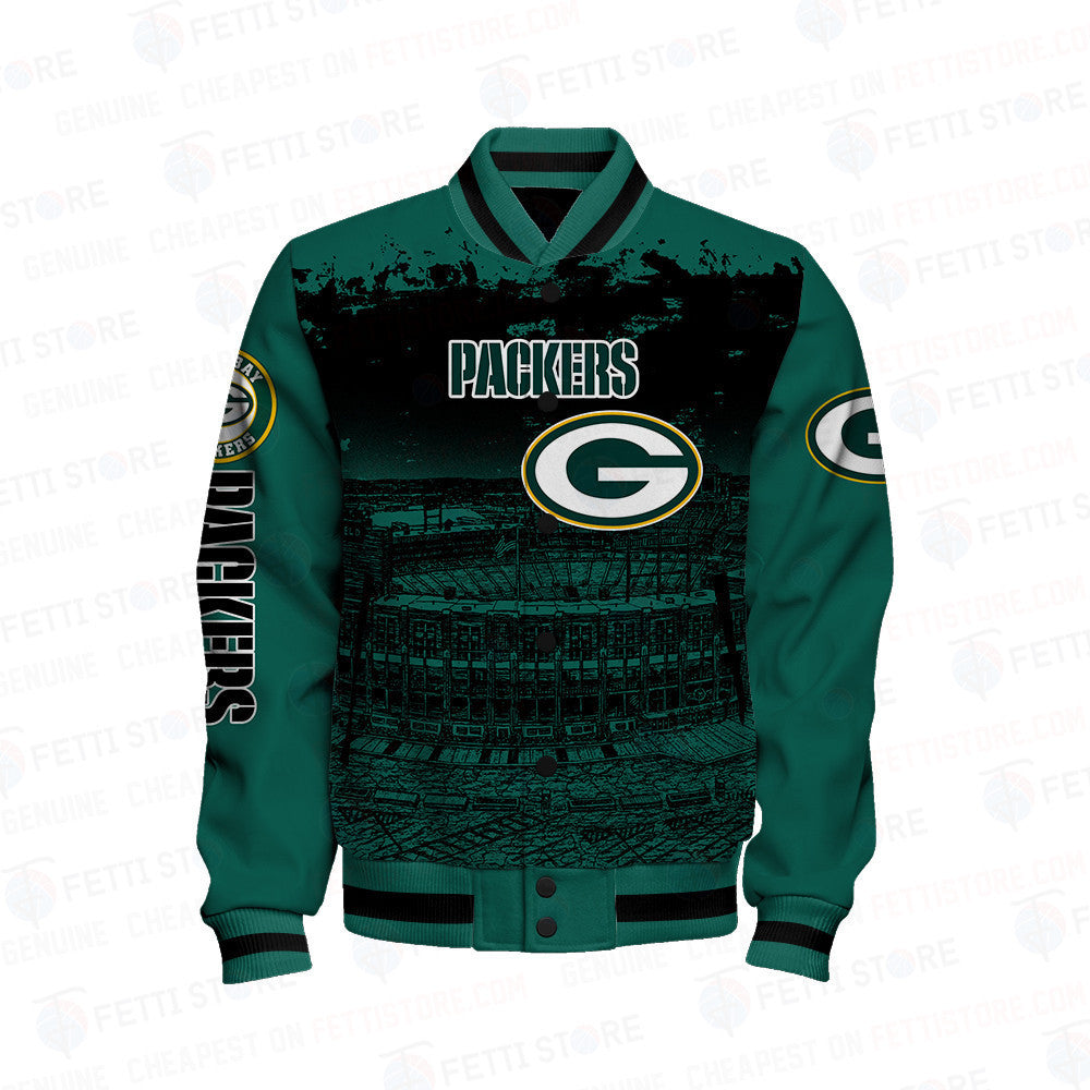 Green Bay Packers Skull Helmet Halloween Pattern Varsity Jacket - All-Over-Printed Jacket
