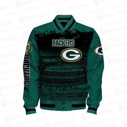 Green Bay Packers Skull Helmet Halloween Pattern Varsity Jacket - All-Over-Printed Jacket