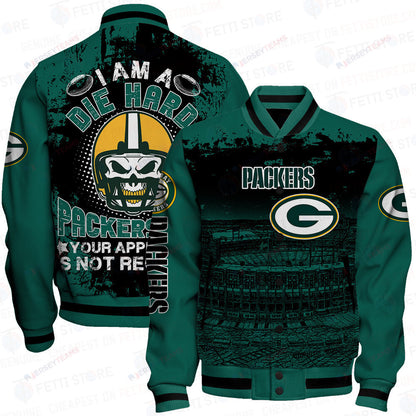Green Bay Packers Skull Helmet Halloween Pattern Varsity Jacket - All-Over-Printed Jacket