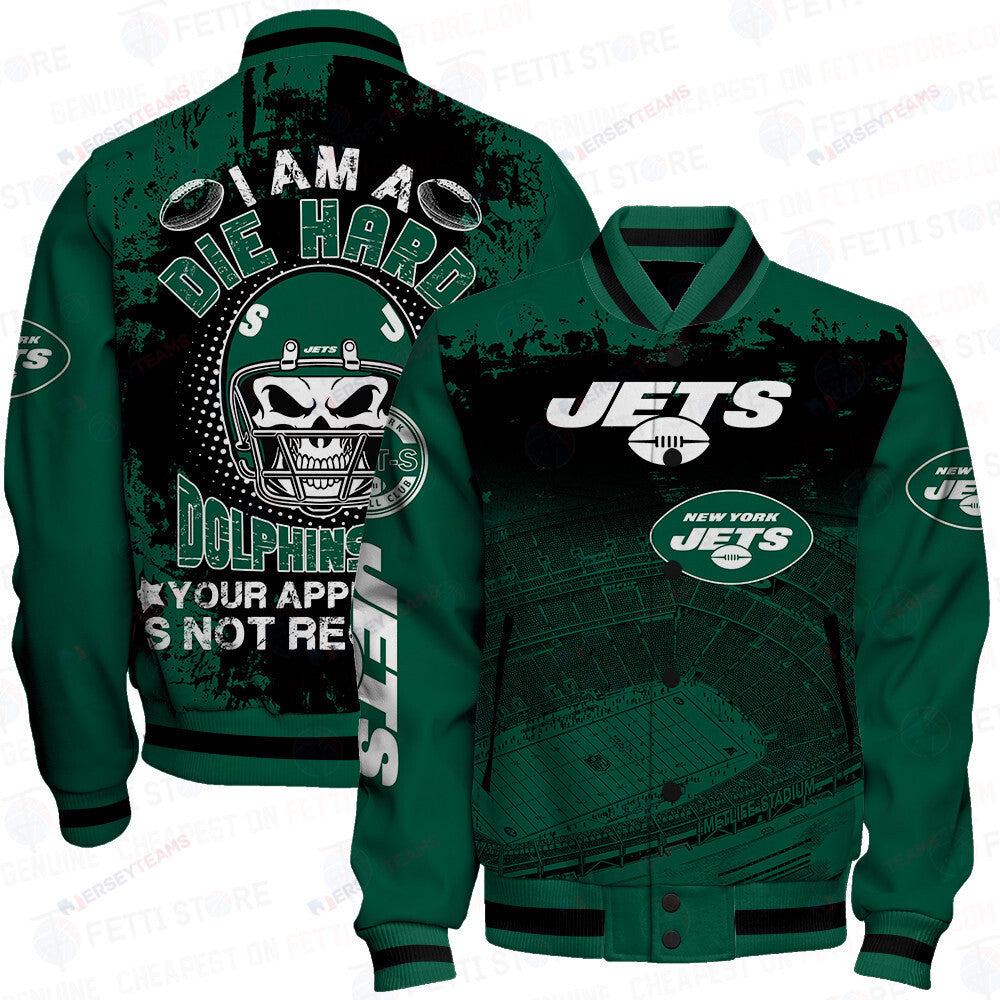 New York Jets Skull Helmet Halloween Pattern Varsity Jacket - All-Over-Printed Jacket