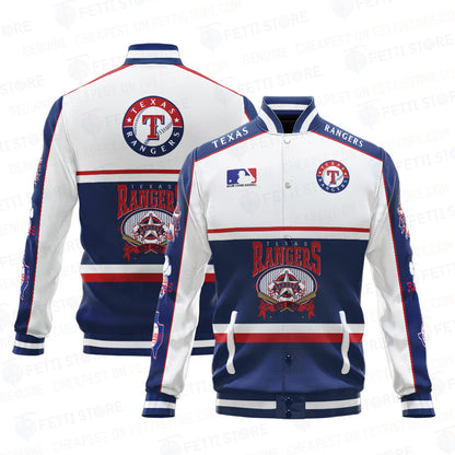Texas Rangers Baseball White And Navy Pattern Varsity Jacket - All-Over-Printed Jacket