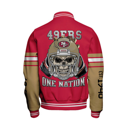 San Francisco 49ers Skull And Gloves Pattern Varsity Jacket - All-Over-Printed Jacket