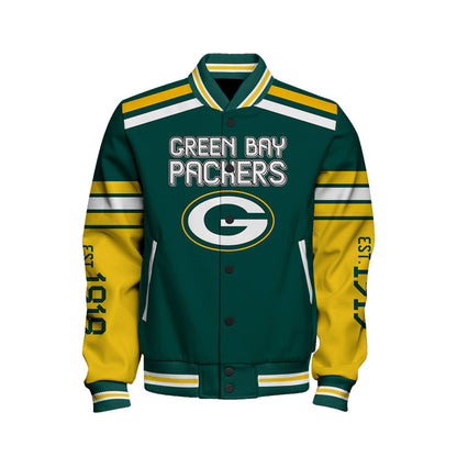 Green Bay Packers Skull And Gloves Pattern Varsity Jacket - All-Over-Printed Jacket