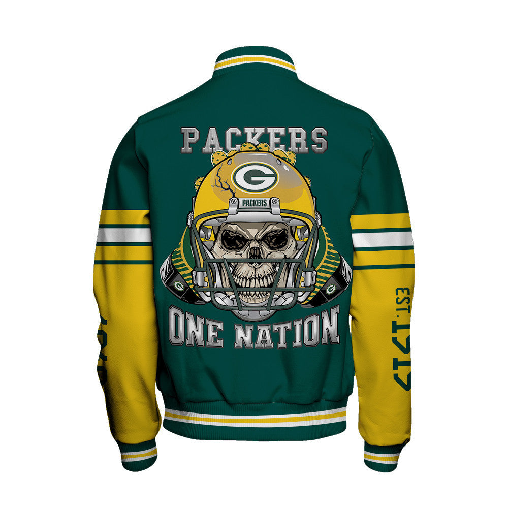 Green Bay Packers Skull And Gloves Pattern Varsity Jacket - All-Over-Printed Jacket