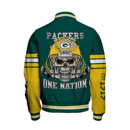 Green Bay Packers Skull And Gloves Pattern Varsity Jacket - All-Over-Printed Jacket