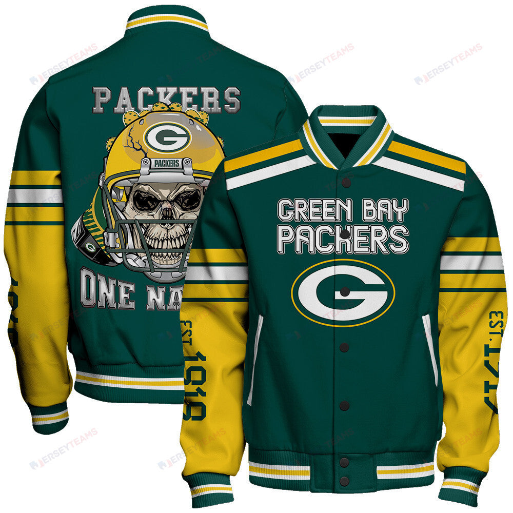 Green Bay Packers Skull And Gloves Pattern Varsity Jacket - All-Over-Printed Jacket