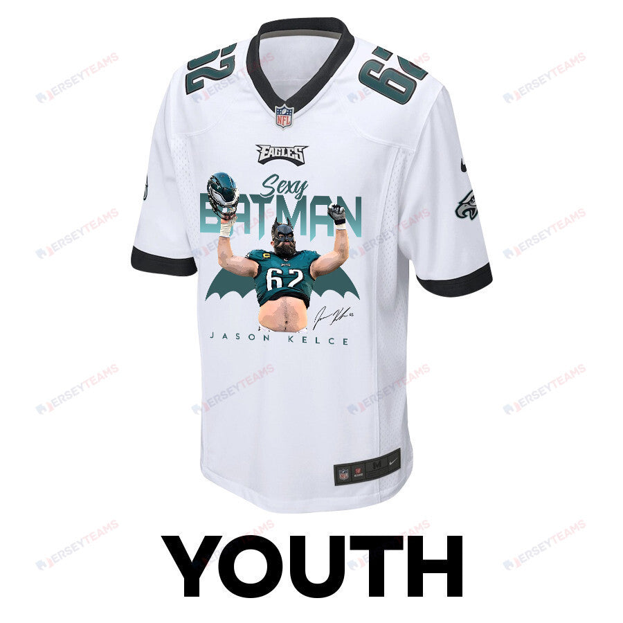 Jason Kelce 62 Philadelphia Eagles Sexy Batman Game YOUTH Jersey - White