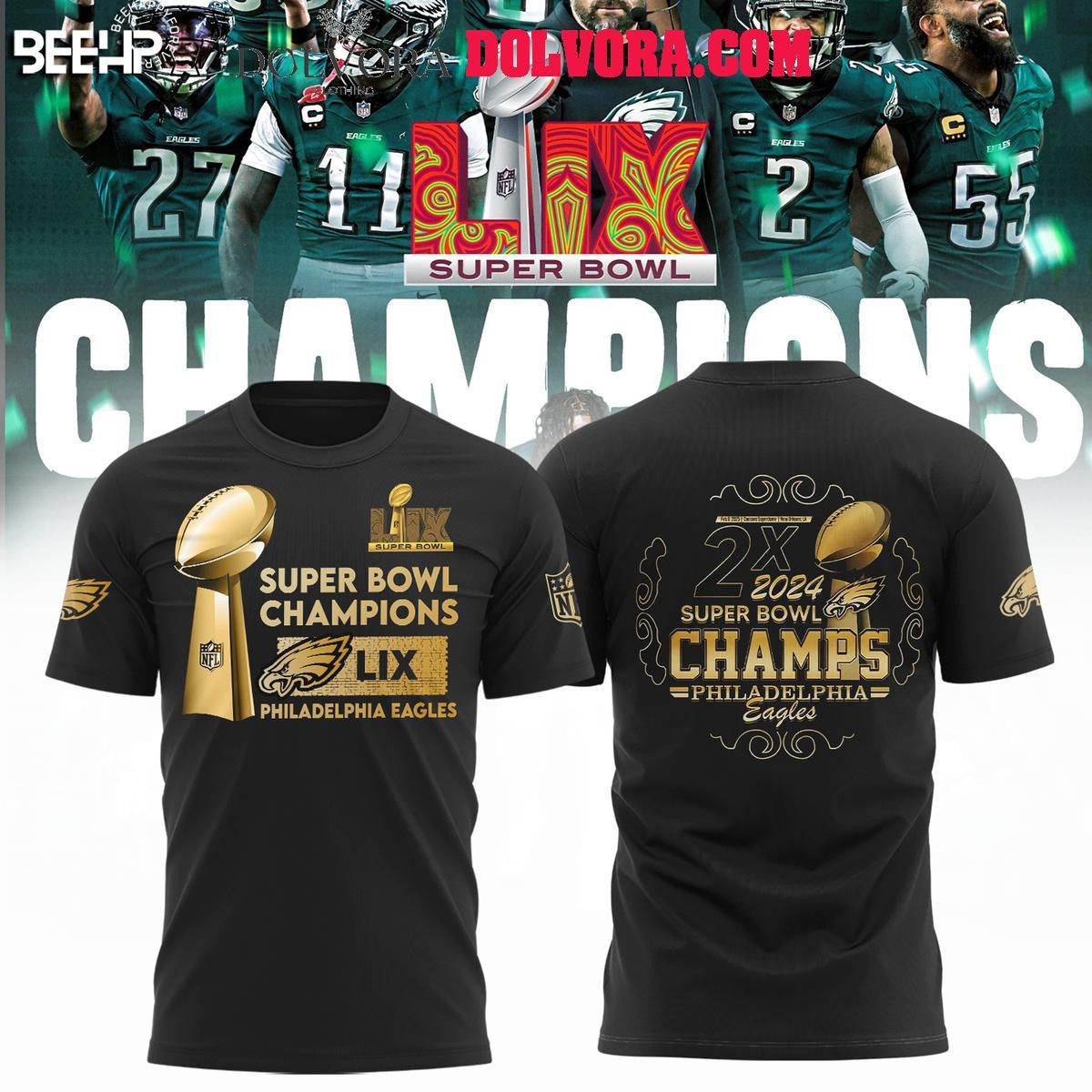 Philadelphia Eagles Champions Of Super Bowl LIX 2025 2X Time All Over Printed T-Shirt - Black