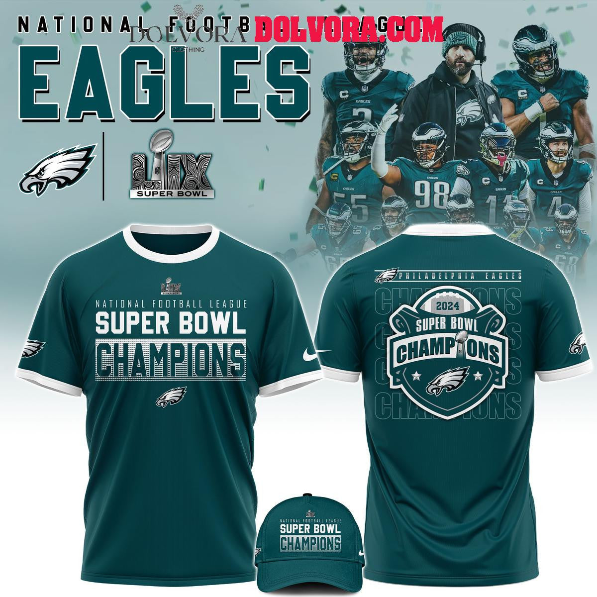 Philadelphia Eagles Super Bowl Champions LIX 2025 Celebrating All Over Printed T-Shirt - Midnight Green