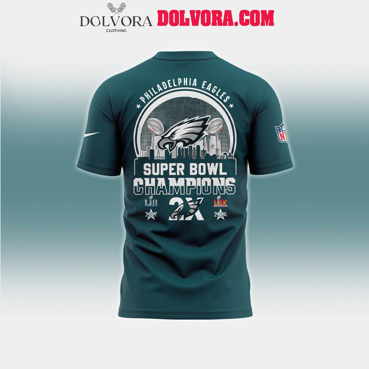 Philadelphia Eagles 2025 Second Time Super Bowl LIX Champions All Over Printed T-Shirt - Midnight Green