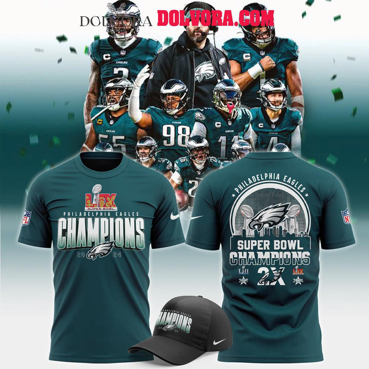 Philadelphia Eagles 2025 Second Time Super Bowl LIX Champions All Over Printed T-Shirt - Midnight Green
