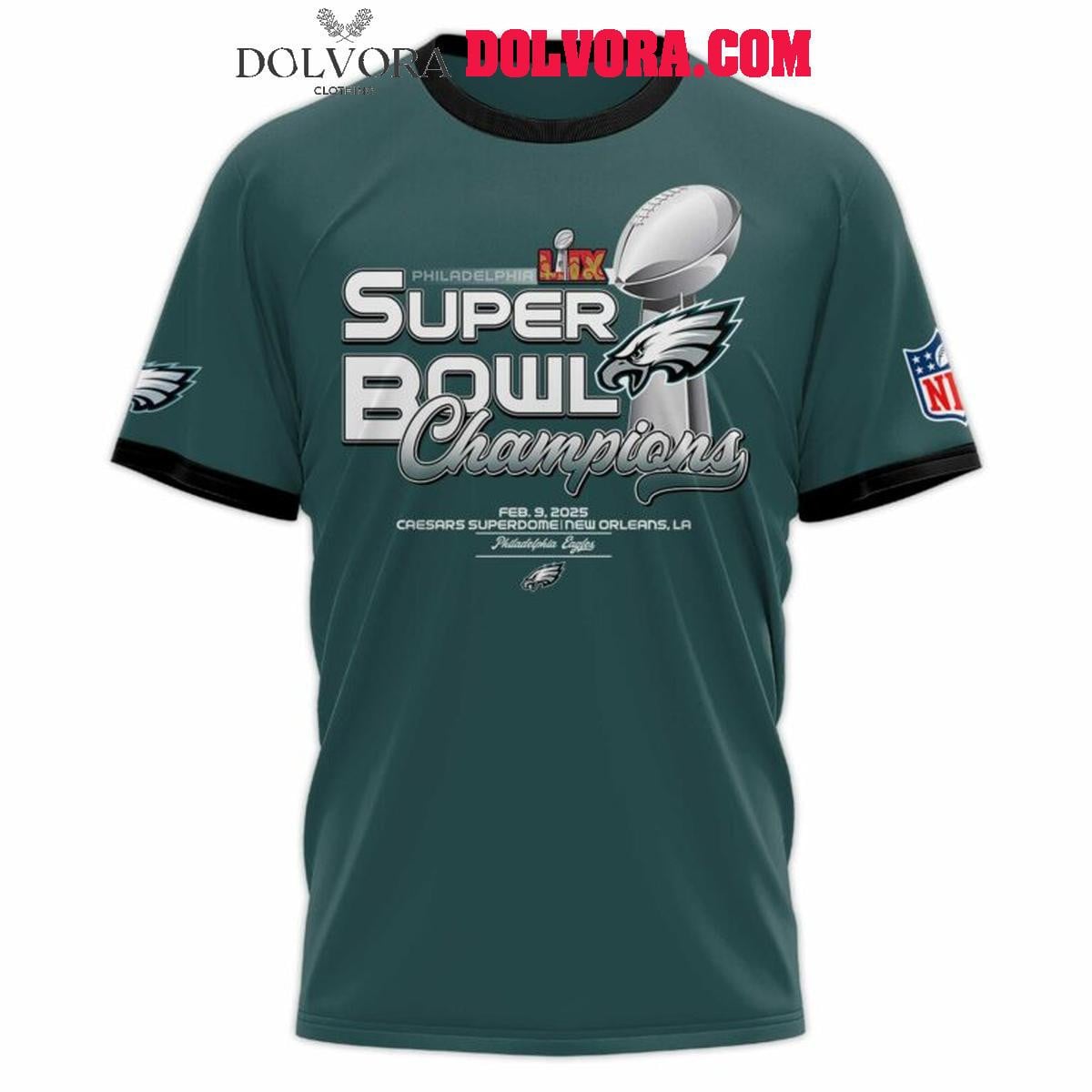 Philadelphia Eagles 2025 Super Bowl Champions LIX Let's Celebrate All Over Printed T-Shirt - Midnight Green