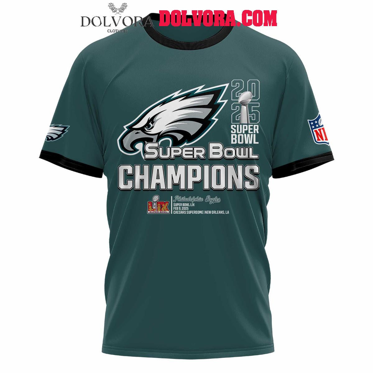 Philadelphia Eagles Super Bowl LIX The Champions 2025 Football All Over Printed T-Shirt - Midnight Green