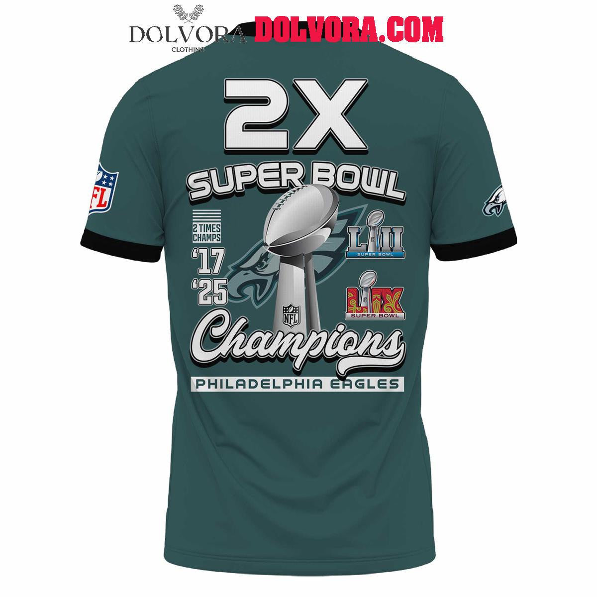 Philadelphia Eagles Super Bowl LIX The Champions 2025 Football All Over Printed T-Shirt - Midnight Green