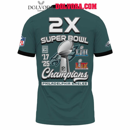 Philadelphia Eagles Super Bowl LIX The Champions 2025 Football All Over Printed T-Shirt - Midnight Green