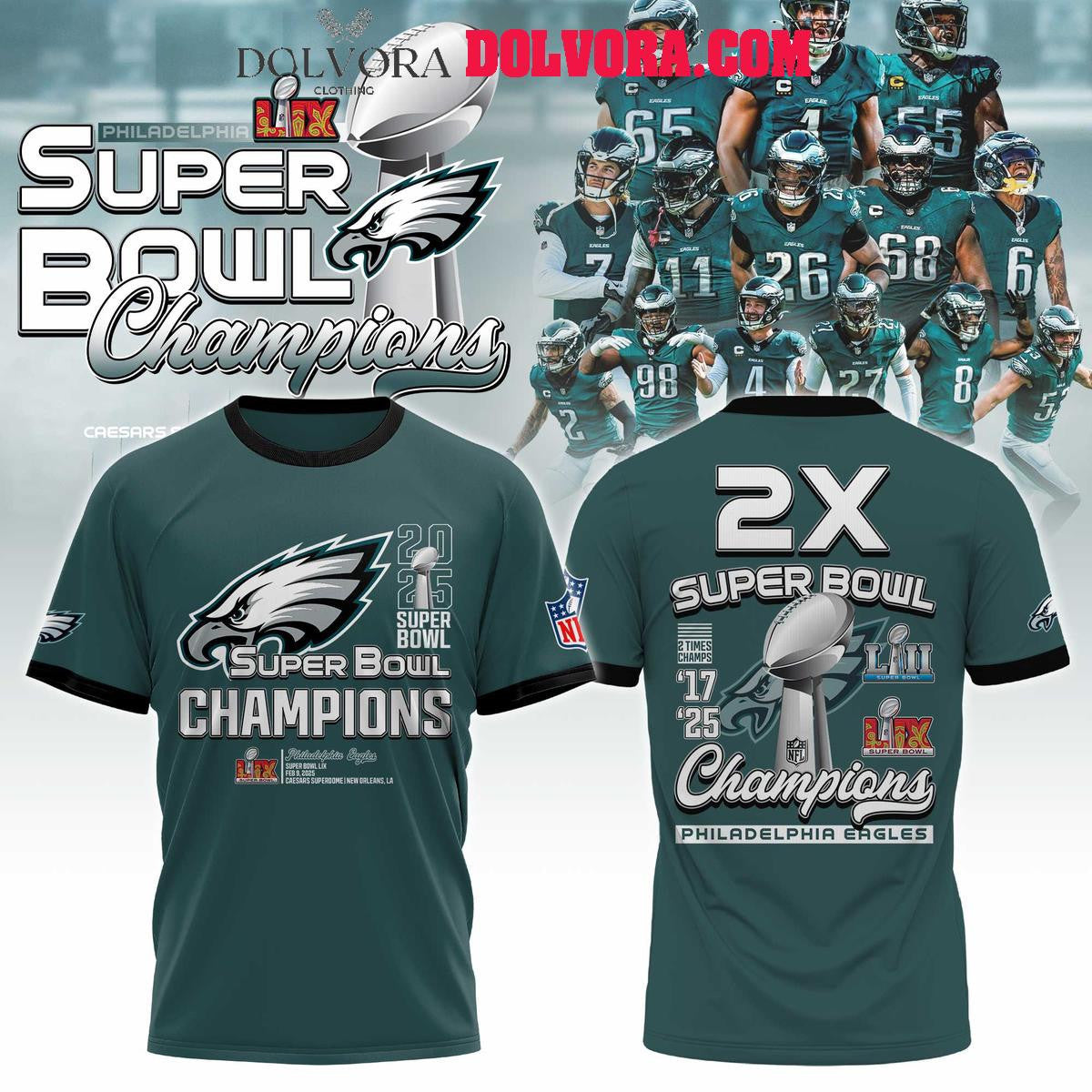 Philadelphia Eagles Super Bowl LIX The Champions 2025 Football All Over Printed T-Shirt - Midnight Green
