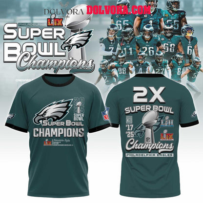 Philadelphia Eagles Super Bowl LIX The Champions 2025 Football All Over Printed T-Shirt - Midnight Green