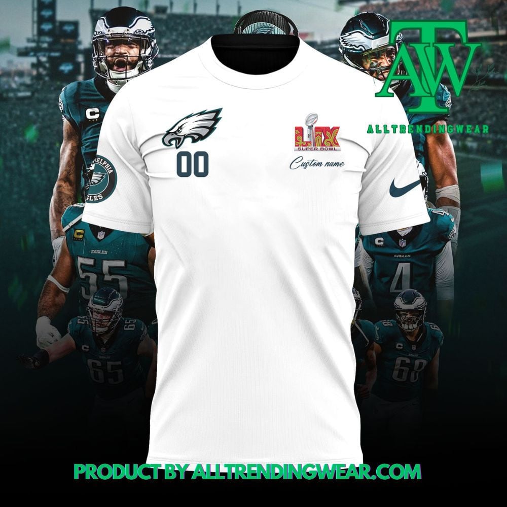 New Philadelphia Eagles 2X Super Bowl 2025 LIX Champions Custom Name & Number All Over Printed T-Shirt - White
