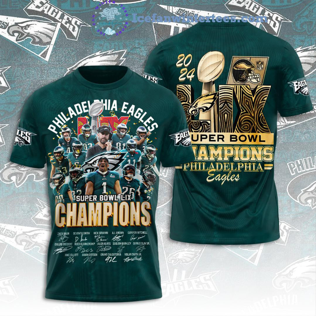 Philadelphia Eagles Super Bowl LIX Champions Signatures Good All Over Printed T-Shirt - Midnight Green