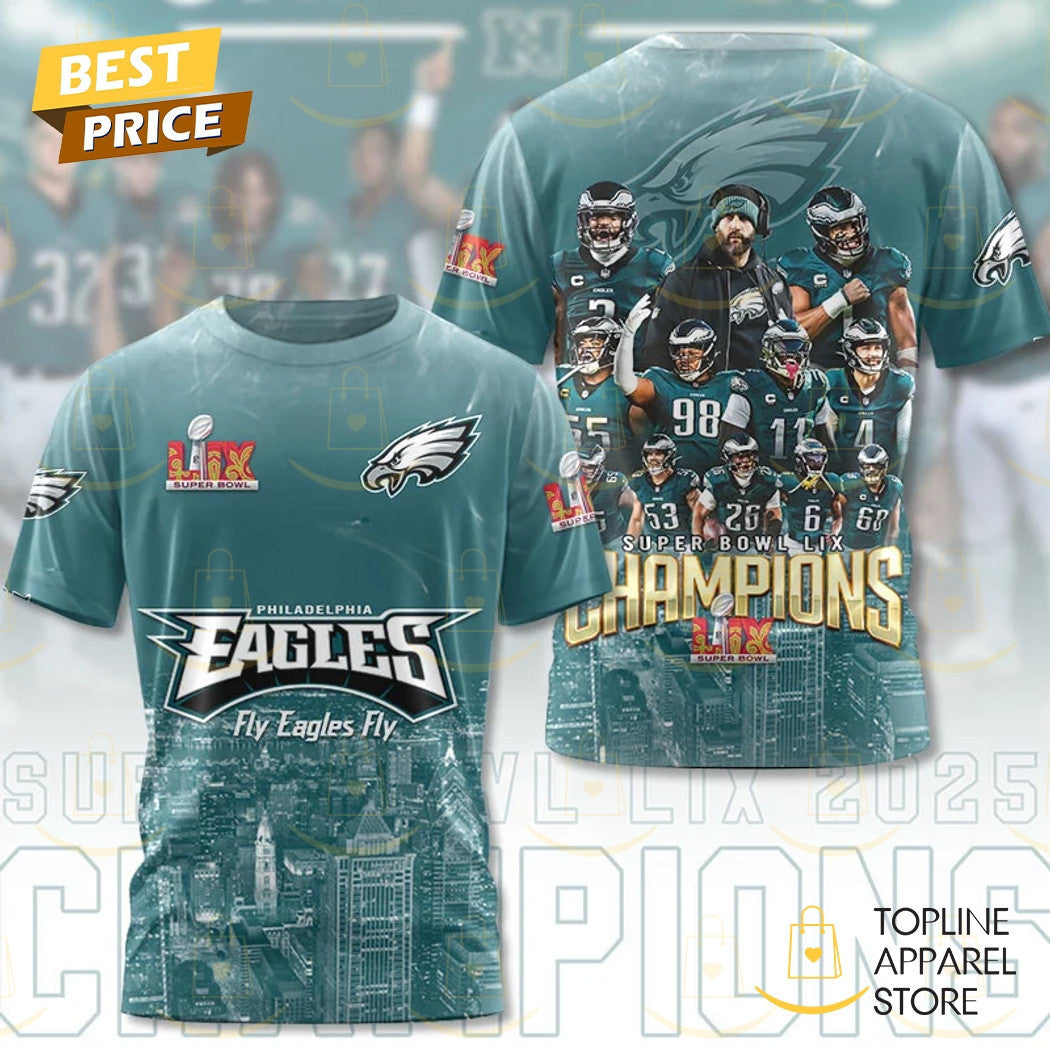 Philadelphia Eagles Champions Super Bowl LIX – Fly Eagles Fly All Over Printed T-Shirt - Midnight Green